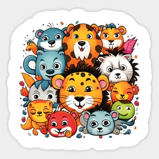 Colorful Gathering of Cute Cartoon Jungle Animals Sticker